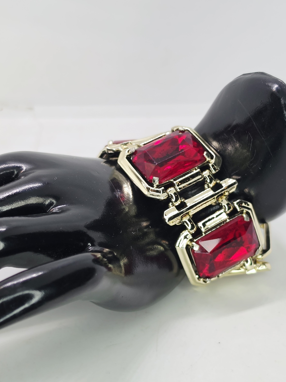 Vintage Claudette Huge Red Rhinestone Panel Bracelet Vamp Goth Gold Tone Chunky